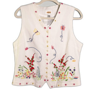 Vintage Talbots Vest Embroidered Floral Cottagecore  Butterfly Size M Stripes